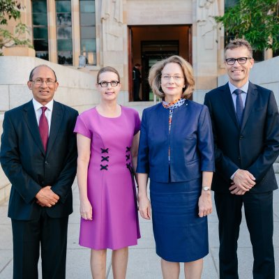 UQ Chancellor Peter Varghese AO, Professor Sarah Derrington (Dean of Law and Head of TC Beirne School of Law), The Honourable Susan Kiefel AC, Chief Justice of the High Court of Australia, UQ Vice-Chancellor and President Professor Peter Høj. 